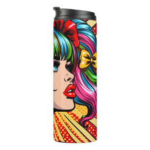 Hübsches Pop-Art-Comic-Mädchen mit Schleifen Thermosbecher