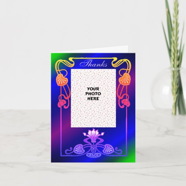 Hübsches Rainbow Floral Frame Wedding Foto Dankeskarte (Vorderseite)