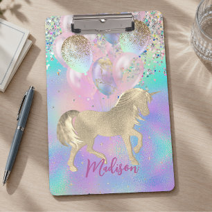 Hübsches Regenbogen-Einhorn-Glitter-Ballon-Monogra Klemmbrett