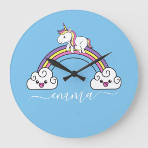 Hübsches Regenbogen-Einhorn personalisierter Name Große Wanduhr