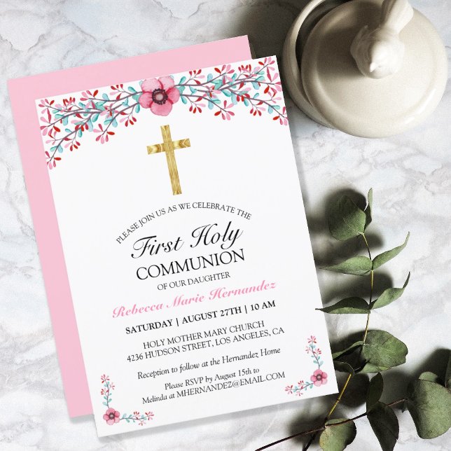 Hübsches Rosa Bläsergoldkreuz Erste Heilige Kommun Einladung (Von Creator hochgeladen)
