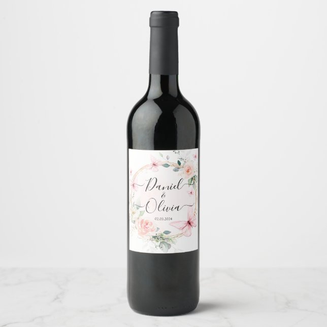 Hübsches rosa blaues Schmetterlingsmonogramm Weine Weinetikett (Vorderseite)