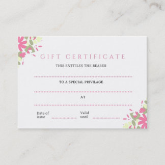 Hübsches rosa Blumengeschäfts-Geschenk-Zertifikat Rabattkarte