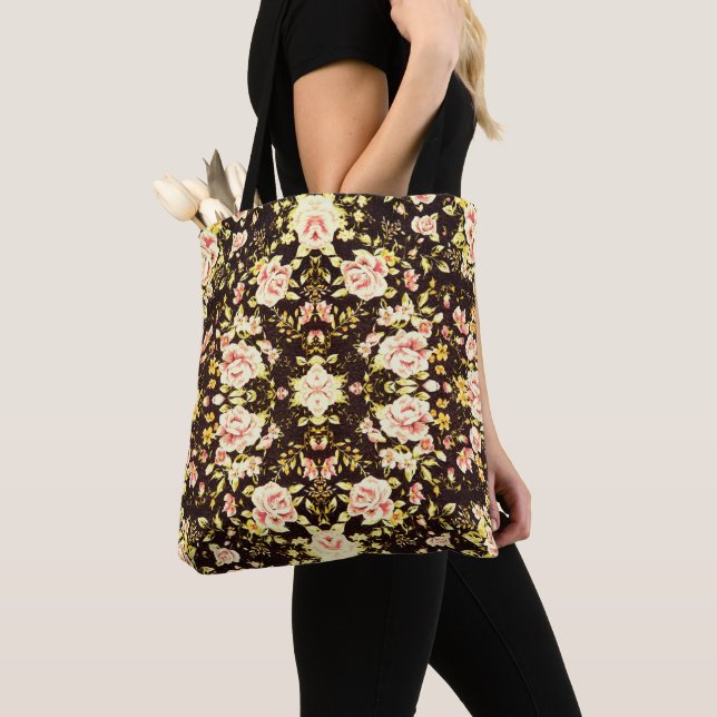 Hübsches rosa Blumenmuster, gelb Tasche (Von Nahem)