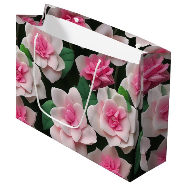 Hübsches rosa Blumenmuster Große Geschenktüte (Vorderseite Schrägansicht)