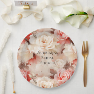Hübsches Rosa Blütencreme Brautparty Pappteller