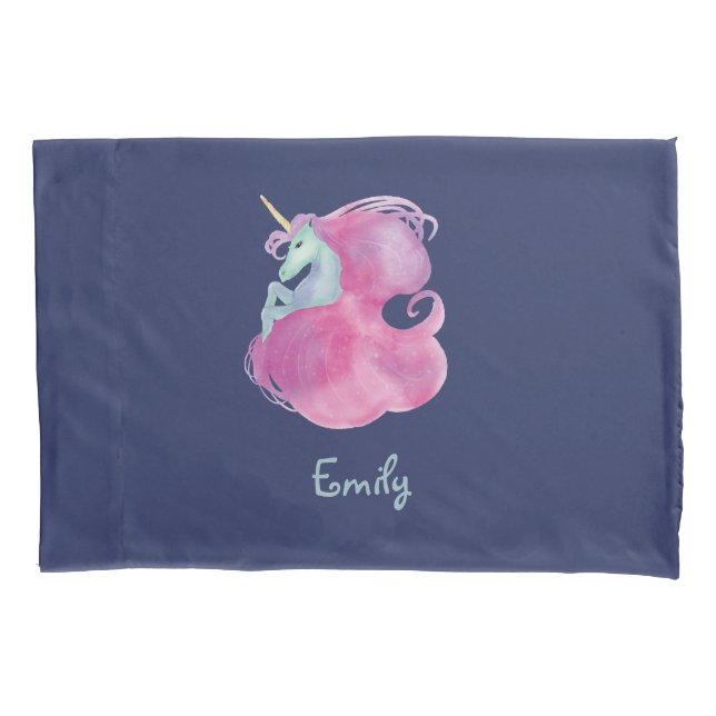 Hübsches Rosa Einhorn auf Blue Pillow Case Kissenbezug (Vorderseite)