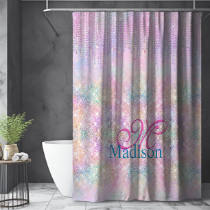 Hübsches rosa Einhorn Glitter Strass Drip Monogram Duschvorhang