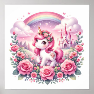 Hübsches rosa Einhorn und Märchenschloss  Poster