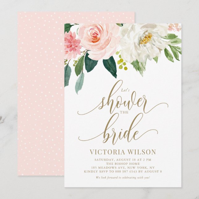 Hübsches Rosa Frühlingsholz Floral Gold Brautparty Einladung (Vorne/Hinten)