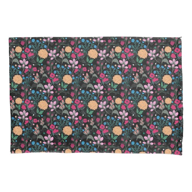 Hübsches rosa-gelbes schwarzes Blumenmuster Kissenbezug (Vorderseite)