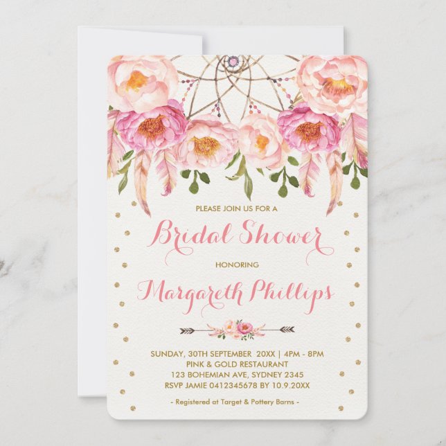 Hübsches Rosa & Gold Boho Dreamcatcher-Brautparty Einladung (Vorderseite)