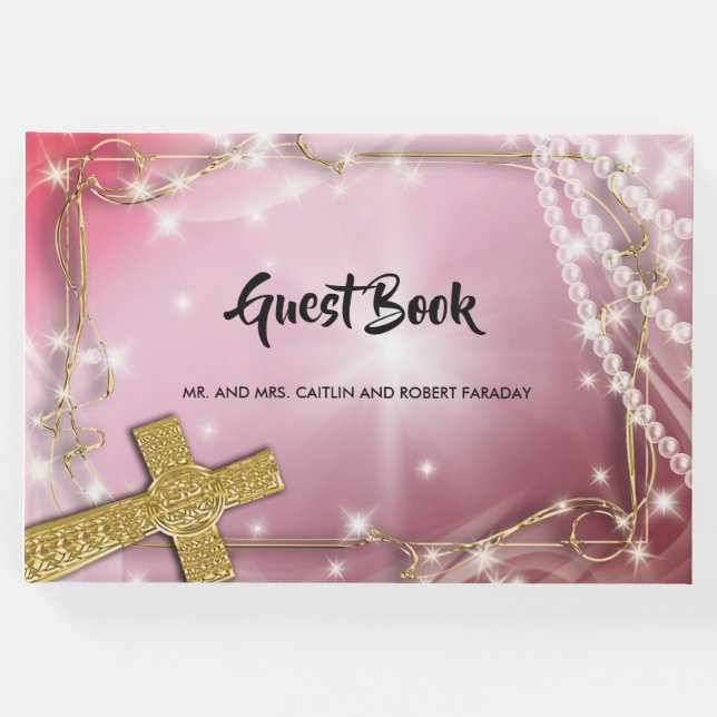 Hübsches Rosa Perlkreuz Gästebuch (Vorderseite)