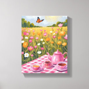 Hübsches rosa Picknick   Schmetterling im Blumenfe Leinwanddruck