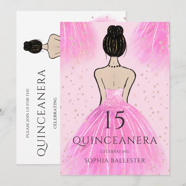 Hübsches Rosa Princess Dress Quinceanera Party Einladung (Vorne/Hinten)