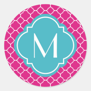 Hübsches rosa Quatrefoil Muster mit Monogramm Runder Aufkleber