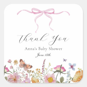 Hübsches Rosa Schleife Wildblumen Baby Shower Gesc Quadratischer Aufkleber