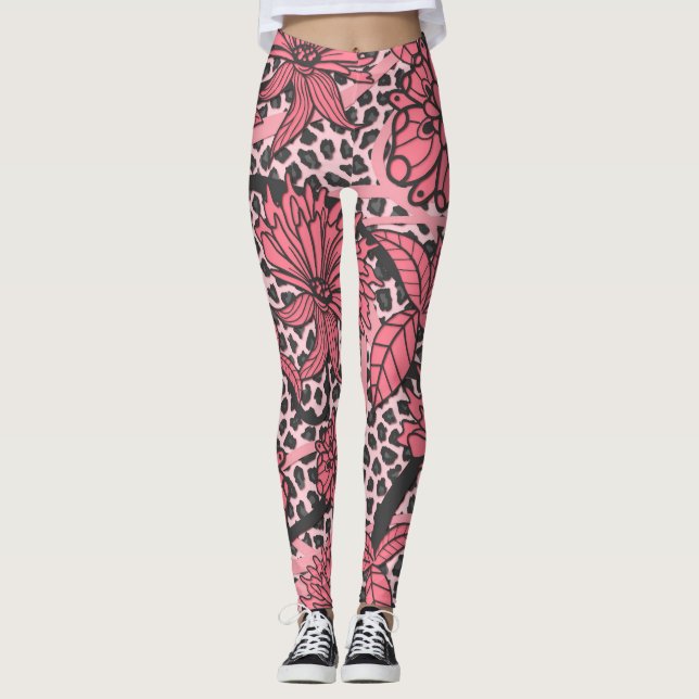 Hübsches rosa schwarzes Blumenleopard-Druck-Muster Leggings (Vorderseite)
