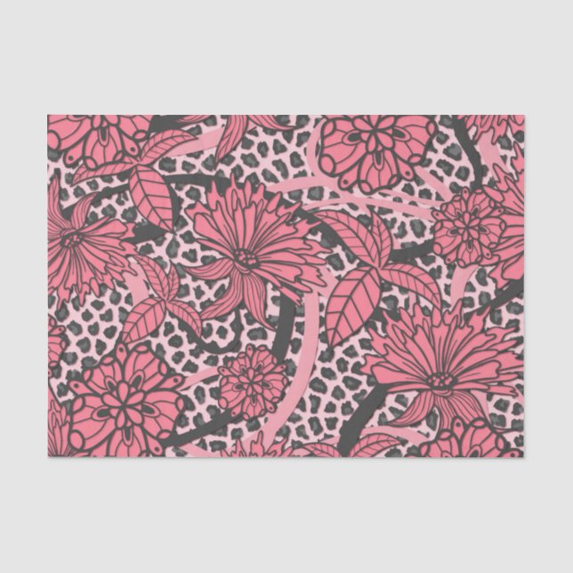 Hübsches rosa schwarzes Blumenleopard-Druck-Muster Seidenpapier (Vorderseite)