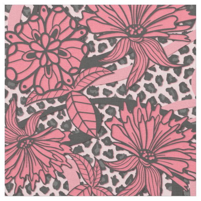 Hübsches rosa schwarzes Blumenleopard-Druck-Muster Stoff (Nahaufnahme)
