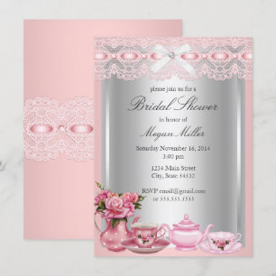 Hübsches rosa Spitzen Hoher Tee Brautparty Einladung