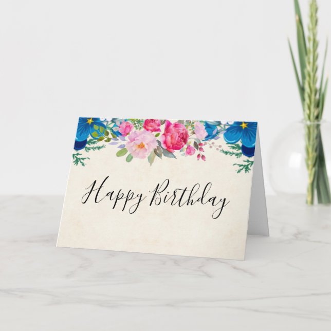 Hübsches Rosa und Blaue Blume Grenze Geburtstag Karte (Vorderseite)