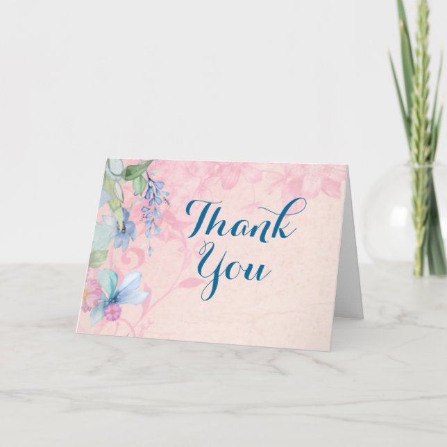 Hübsches Rosa und blaue Flora Vielen Dank Dankeskarte (Vorderseite)