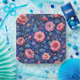 Hübsches rosa und blaues Blumenmuster Pappteller