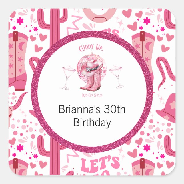 Hübsches Rosa und Glitzer Cowgirl Geburtstag Quadratischer Aufkleber (Vorderseite)