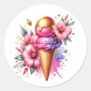 Hübsches Rosa und Gold Eiscreme Runder Aufkleber