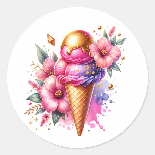 Hübsches Rosa und Gold Eiscreme Runder Aufkleber (Vorderseite)