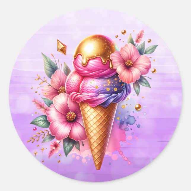 Hübsches Rosa und Gold Eiscreme Runder Aufkleber (Vorderseite)