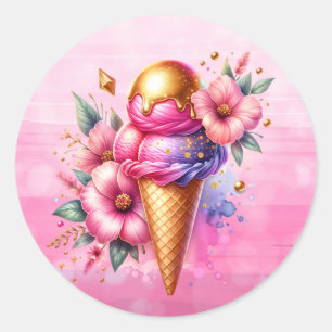 Hübsches Rosa und Gold Eiscreme Runder Aufkleber