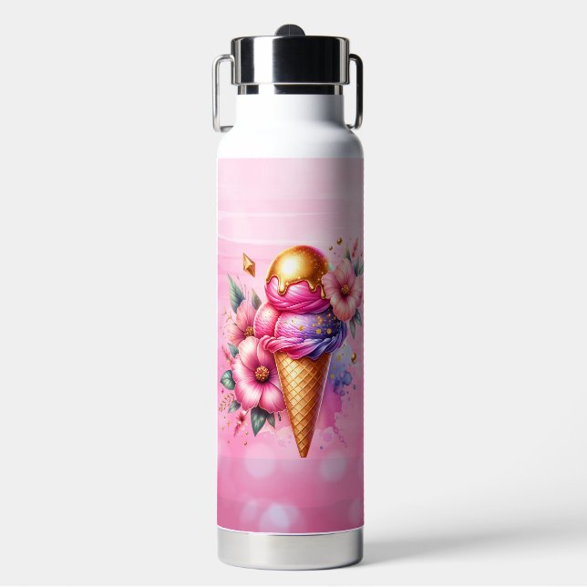 Hübsches Rosa und Gold Ice Creme Cone Personalisie Trinkflasche (Vorderseite)