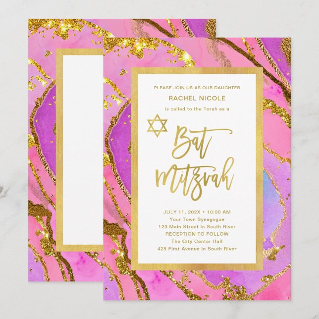 Hübsches Rosa und Goldgeode | Bat Mitzvah Einladung (Vorne/Hinten)