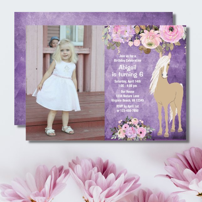 Hübsches Rosa und Lila Blume Foto Birthday Einladung (Von Creator hochgeladen)
