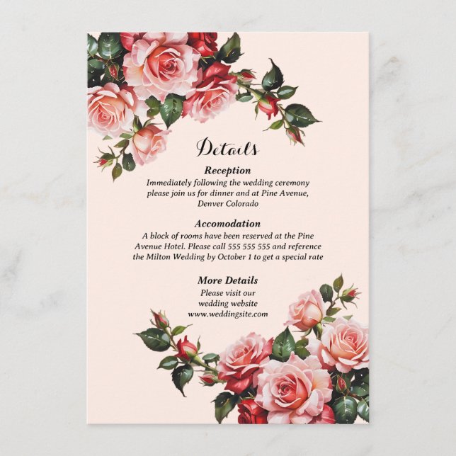 Hübsches Rosa und rote Rosen Hochzeit Begleitkarte (Vorderseite)