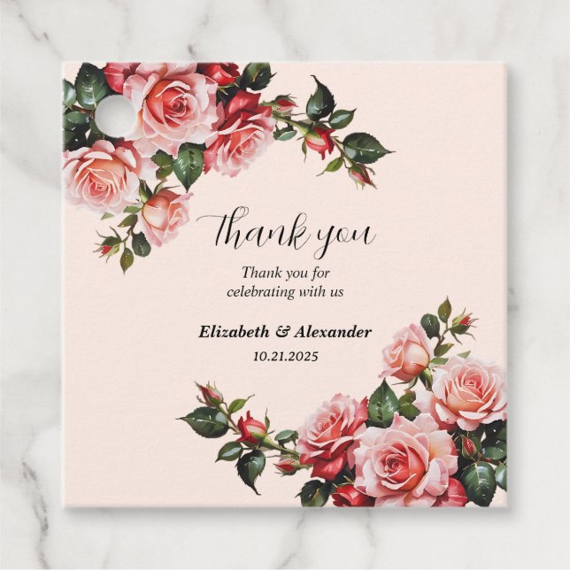 Hübsches Rosa und rote Rosen Hochzeit Geschenkanhänger (Vorderseite)
