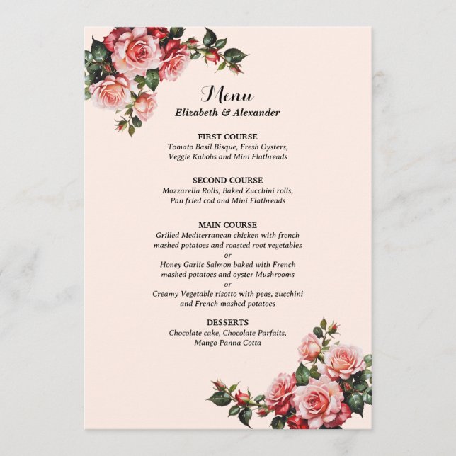 Hübsches Rosa und rote Rosen Hochzeit Menükarte (Vorderseite)