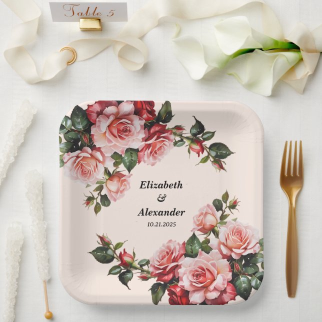 Hübsches Rosa und rote Rosen Hochzeit Pappteller (Hochzeit)
