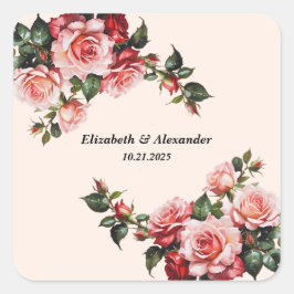Hübsches Rosa und rote Rosen Hochzeit Quadratischer Aufkleber