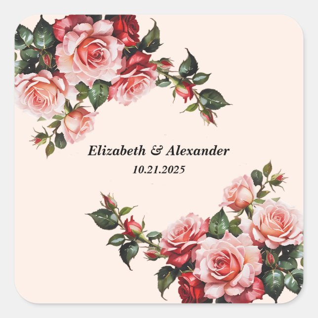 Hübsches Rosa und rote Rosen Hochzeit Quadratischer Aufkleber (Vorderseite)