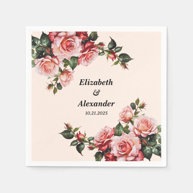 Hübsches Rosa und rote Rosen Hochzeit Serviette (Vorderseite)