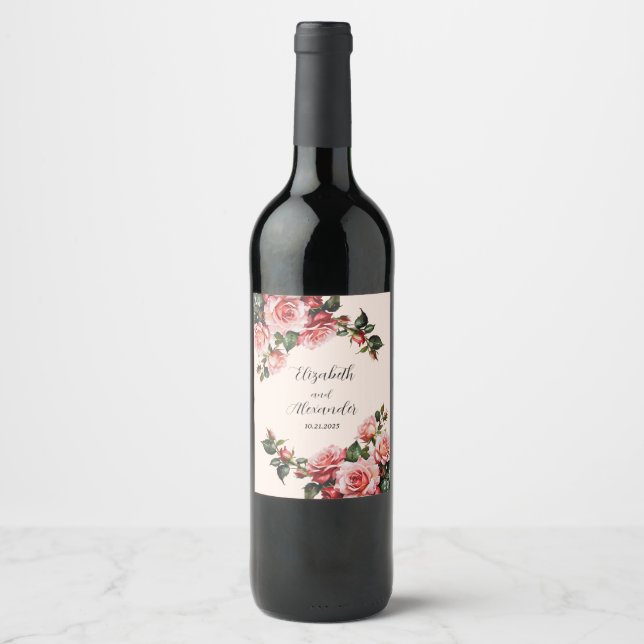 Hübsches Rosa und rote Rosen Hochzeit Weinetikett (Vorderseite)