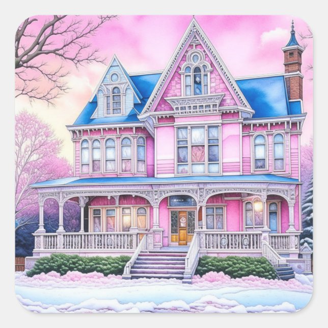 Hübsches rosa Viktorianisches Haus zu Weihnachten Quadratischer Aufkleber (Vorderseite)