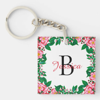 Hübsches rosa vintage Blumenrahmen-Monogramm Schlüsselanhänger