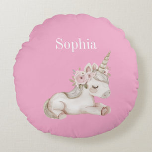 Hübsches Rosa Weißes Blumen Einhorn Rundes Kissen
