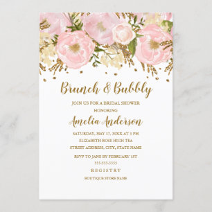 Hübsches rosafarbenes Gold Blumen Brunch und Sprud Einladung