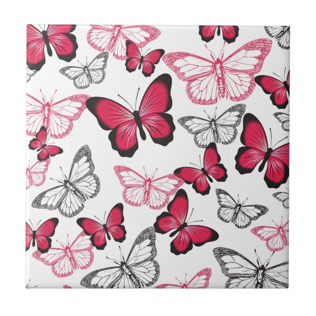 Hübsches Rot-Schwarz-Schmetterling-Kunstmuster Fliese (Vorderseite)