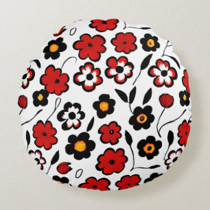 Hübsches Rot-, Schwarz- und Weiß-Blumenmuster Rundes Kissen